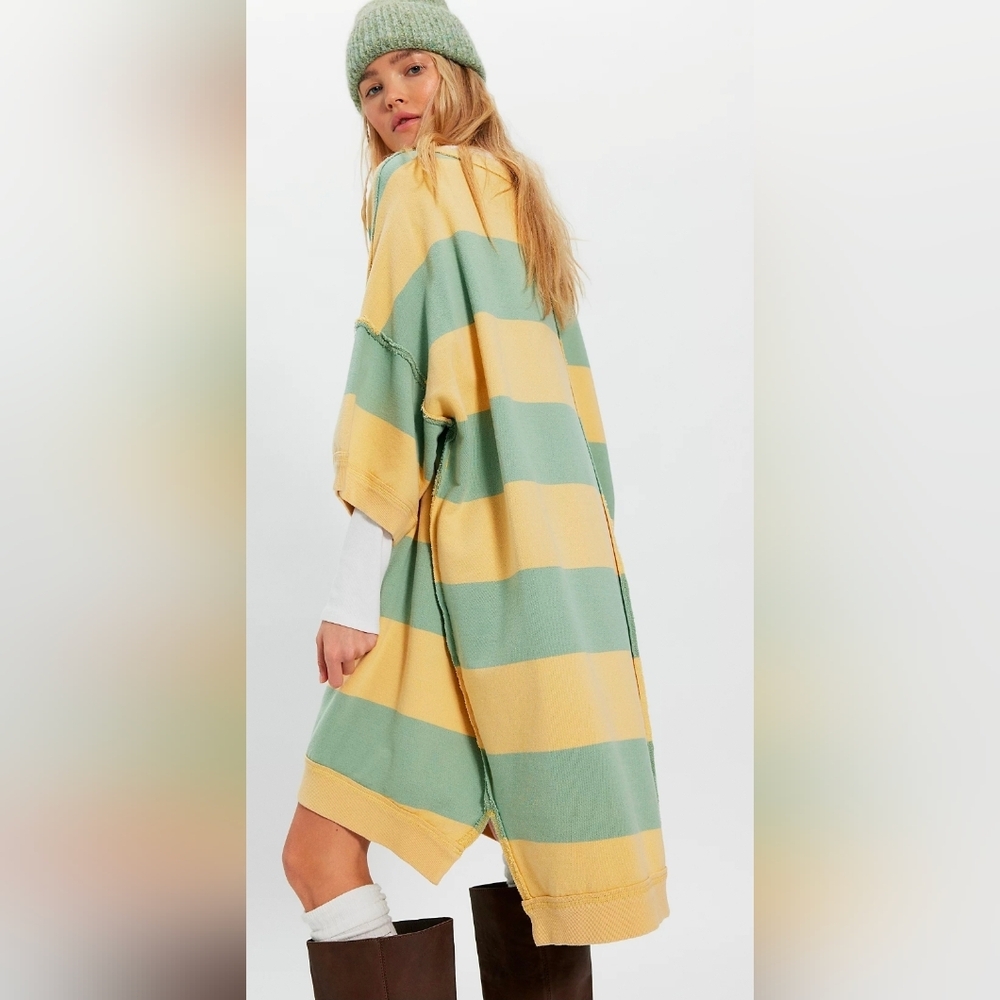 NWT Free People Out Here Oversized Striped Maxi Sweatshirt In Yellow and Blue